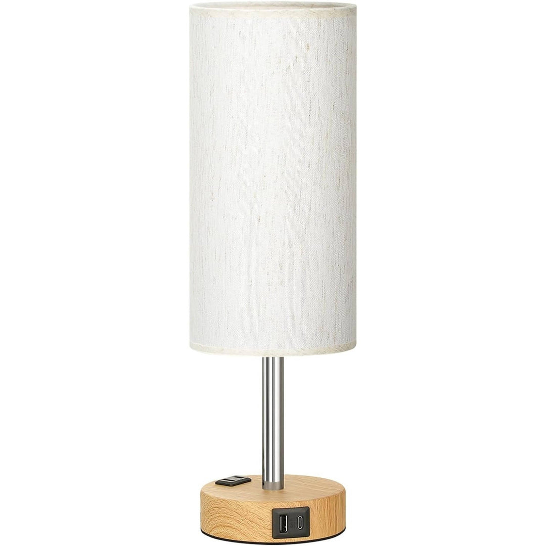 Bedside Table Lamp for Bedroom with Wood Base, USB C Charging Ports and AC Outlet