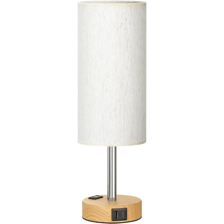Bedside Table Lamp for Bedroom with Wood Base, USB C Charging Ports and AC Outlet