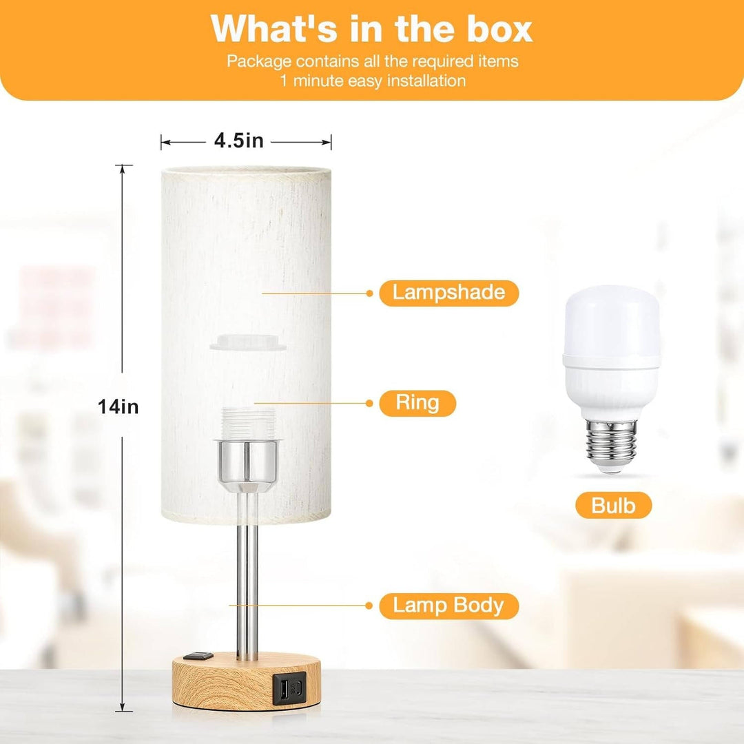 Bedside Table Lamp for Bedroom with Wood Base, USB C Charging Ports and AC Outlet