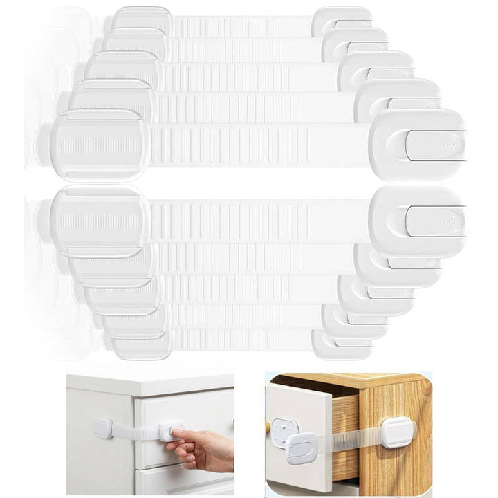 10 Pack Baby Proof Cabinet Locks, Child Safety Latches with Adhesive Adjustable Straps for Drawers Fridge Toilet