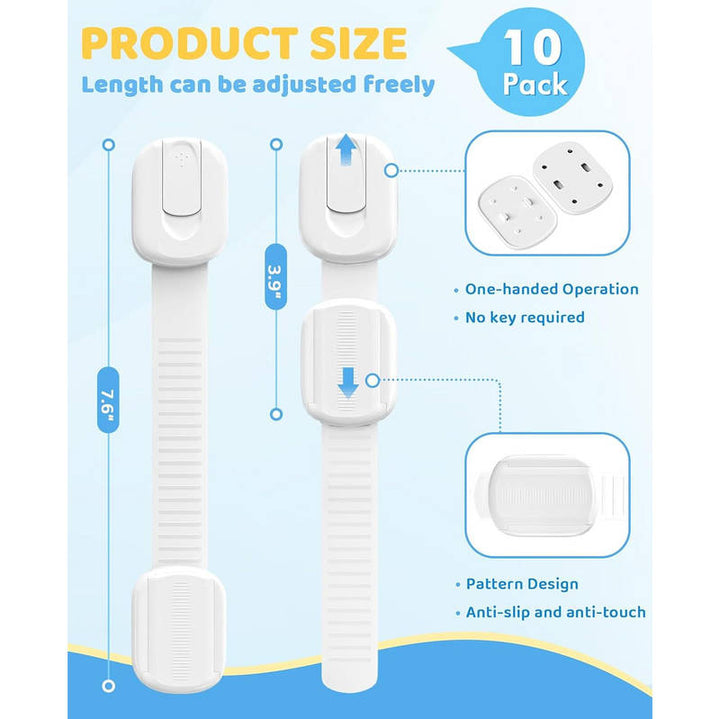 10 Pack Baby Proof Cabinet Locks, Child Safety Latches with Adhesive Adjustable Straps for Drawers Fridge Toilet