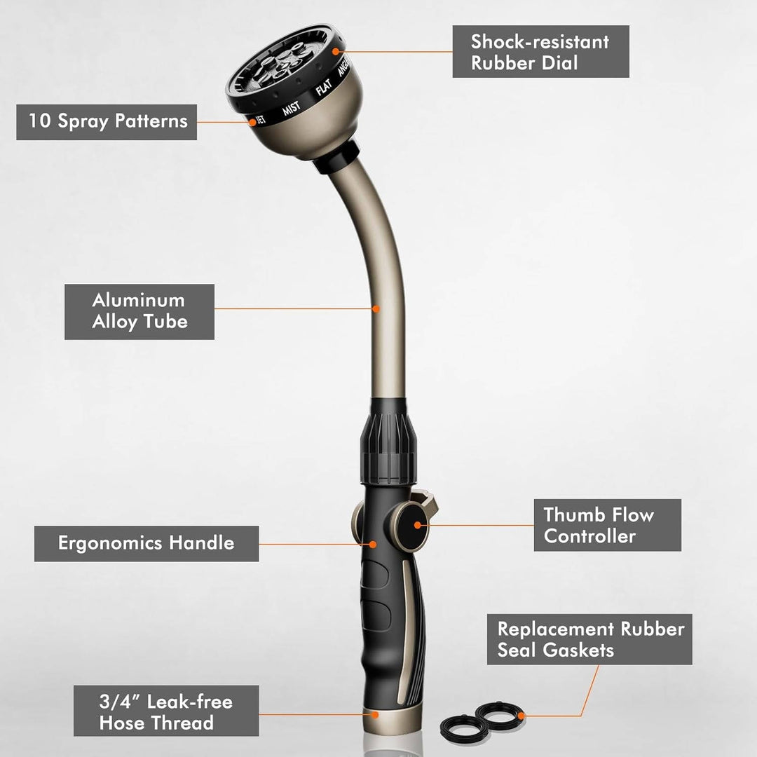 Heavy Duty Metal Garden Watering Wand, 15 Inch Hose Nozzle Sprayer with 10 Spray Patterns and Thumb Flow Control