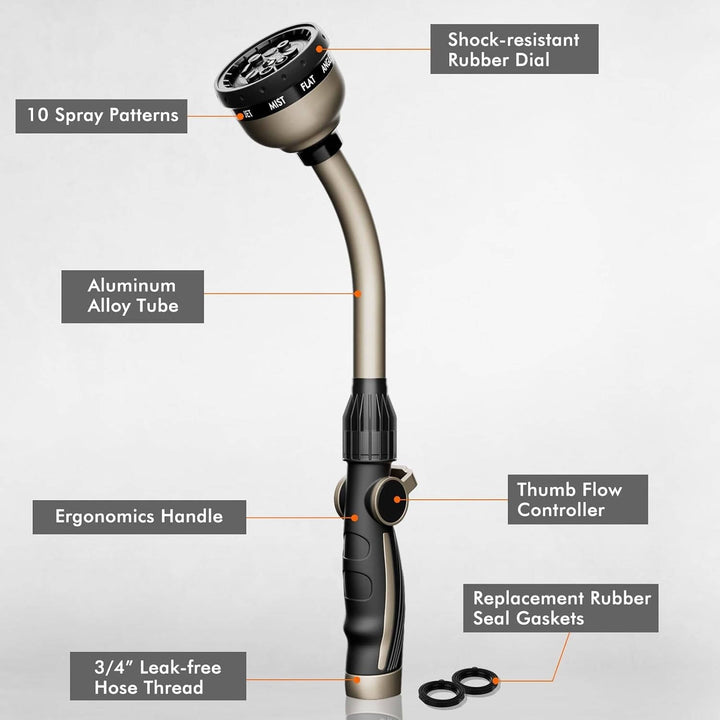 Heavy Duty Metal Garden Watering Wand, 15 Inch Hose Nozzle Sprayer with 10 Spray Patterns and Thumb Flow Control