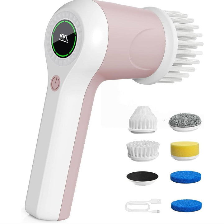 Cordless Electric Spin Scrubber with 2 Speeds and Battery Display, 6 Head Cleaning Brush for Bathroom, Sink and Window