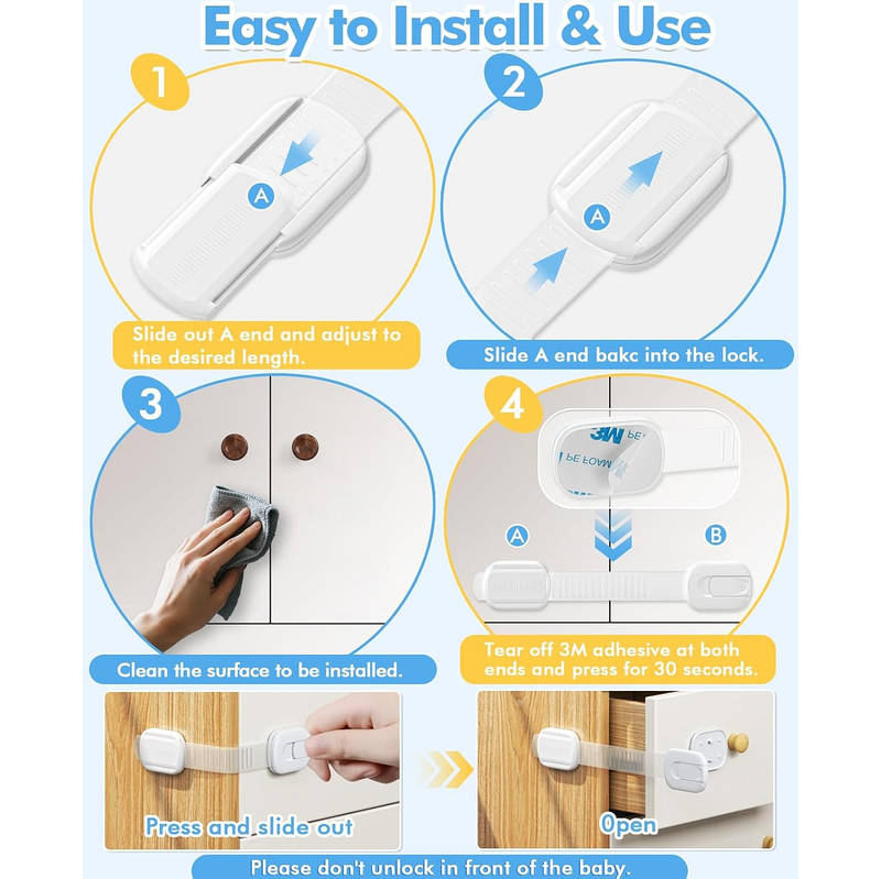 10 Pack Baby Proof Cabinet Locks, Child Safety Latches with Adhesive Adjustable Straps for Drawers Fridge Toilet