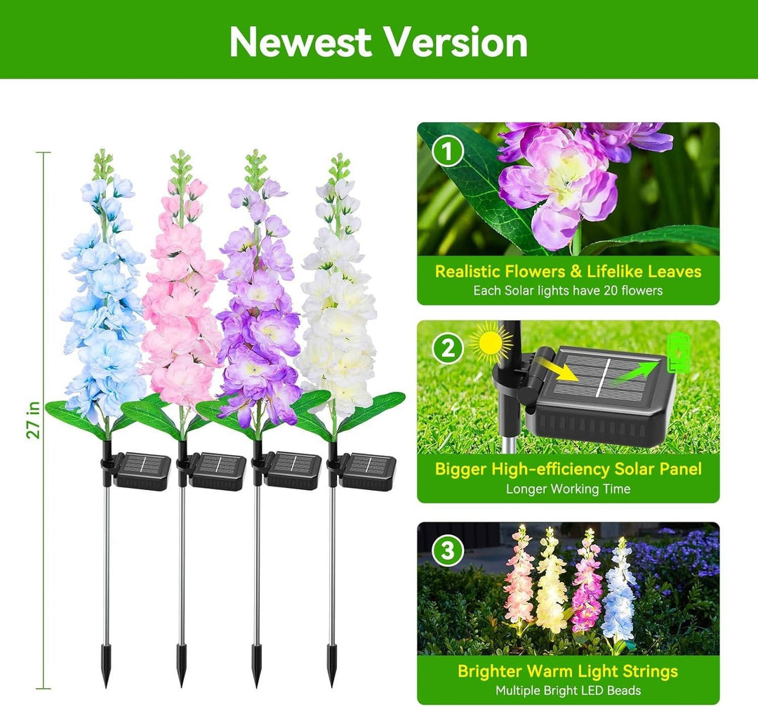 4 Pack Upgraded Delphinium Solar Garden Lights, Waterproof 36 LED Outdoor Decorative Flower Lights for Landscapes, Yards, and Patios