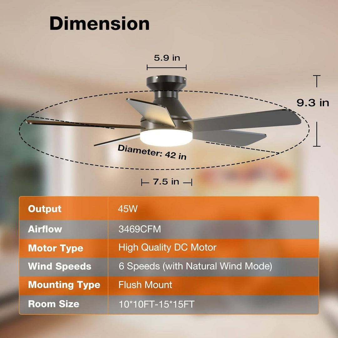 Low Profile Ceiling Fan with Light 42 52 Inch, Flush Mount Dimmable Reversible Fan with Remote for Bedroom Patio