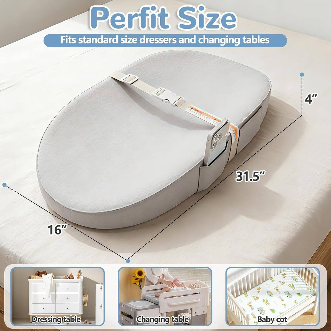 Baby Changing Pad with Phone Holder, Waterproof Wipeable Non Slip Diaper Pad with Safety Belt