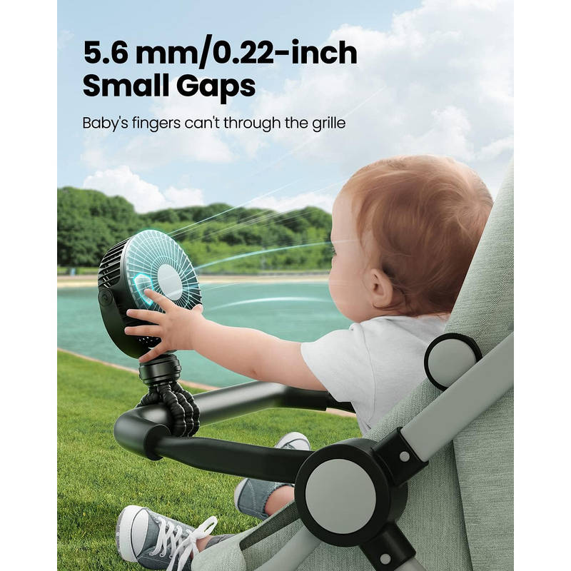 Portable Stroller Fan USB C Rechargeable, 5 Speed Quiet Baby Clip Fan with LED Display 10H Battery for Car Seat Crib Travel