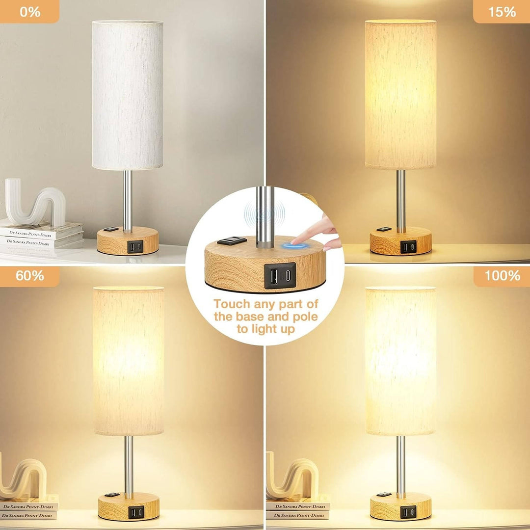 Bedside Table Lamp for Bedroom with Wood Base, USB C Charging Ports and AC Outlet