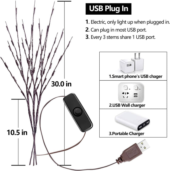 3 Pack USB Powered Prelit Twig Lights, 60 LED Decorative Branch Lights for Vases and Indoor Home Decor (Warm Glow)
