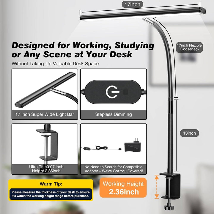 LED Desk Lamp for Office Home, Eye-Friendly Desk Light with Stepless Dimming Adjustable Flexible Gooseneck