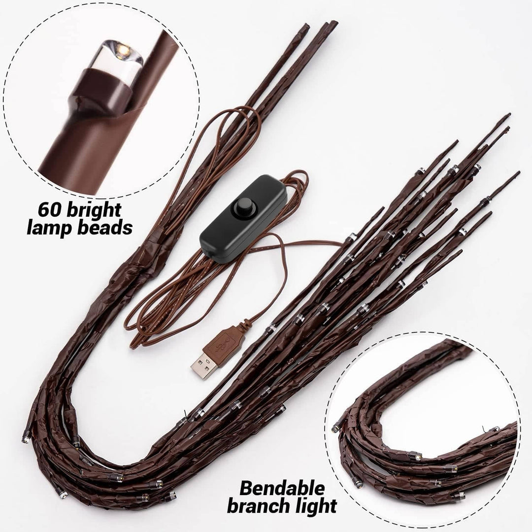 3 Pack USB Powered Prelit Twig Lights, 60 LED Decorative Branch Lights for Vases and Indoor Home Decor (Warm Glow)