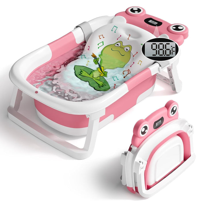 Collapsible Baby Bathtub with Real Time Thermometer and Soft Cushion, Portable 0 to 24 Months Infant to Toddler Travel Tub with Non Slip Feet
