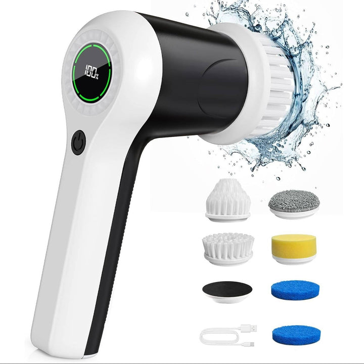Cordless Electric Spin Scrubber with 2 Speeds and Battery Display, 6 Head Cleaning Brush for Bathroom, Sink and Window