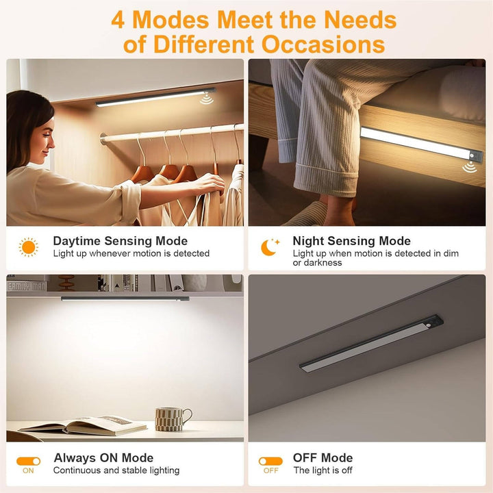 Motion Sensor Under Cabinet Lights, Rechargeable Magnetic Closet Lighting, 3 colours, 2 Pack