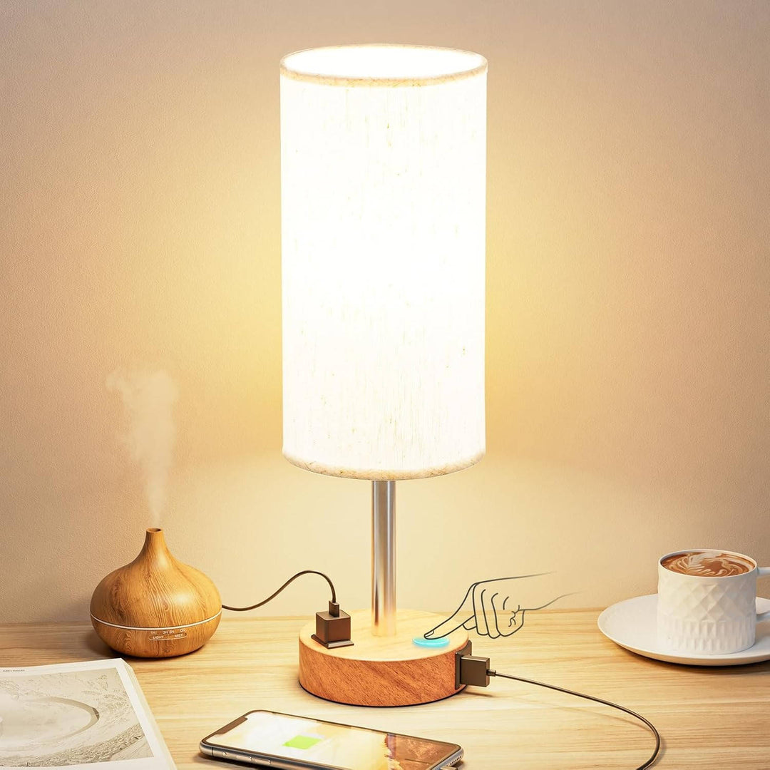 Bedside Table Lamp for Bedroom with Wood Base, USB C Charging Ports and AC Outlet
