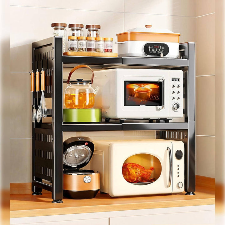 Expandable 3 Tier Microwave Stand for Countertop with 6 Utensil Hooks