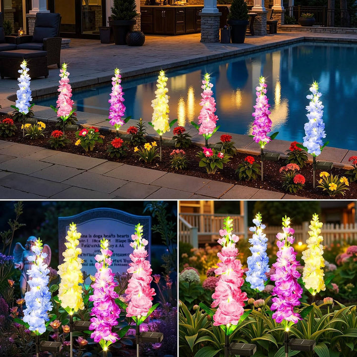4 Pack Upgraded Delphinium Solar Garden Lights, Waterproof 36 LED Outdoor Decorative Flower Lights for Landscapes, Yards, and Patios