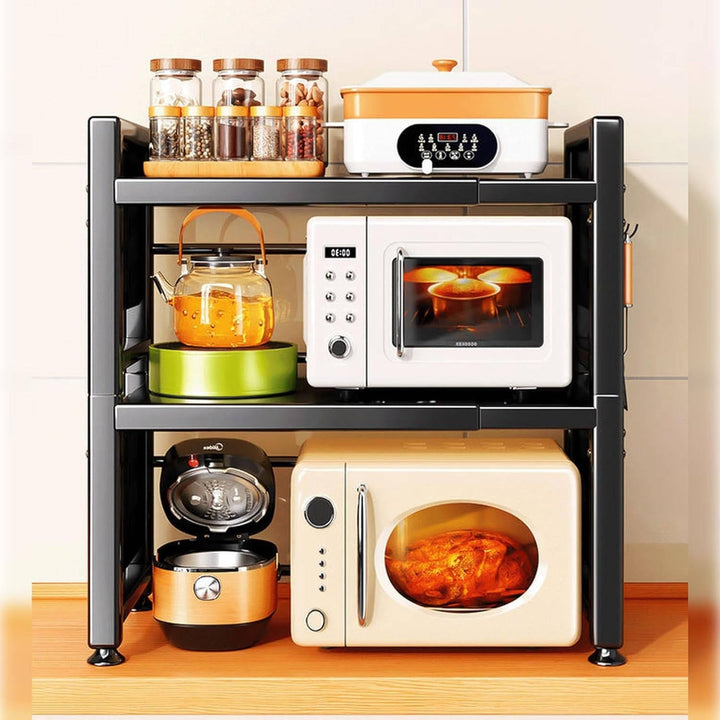 Expandable 3 Tier Microwave Stand for Countertop with 6 Utensil Hooks