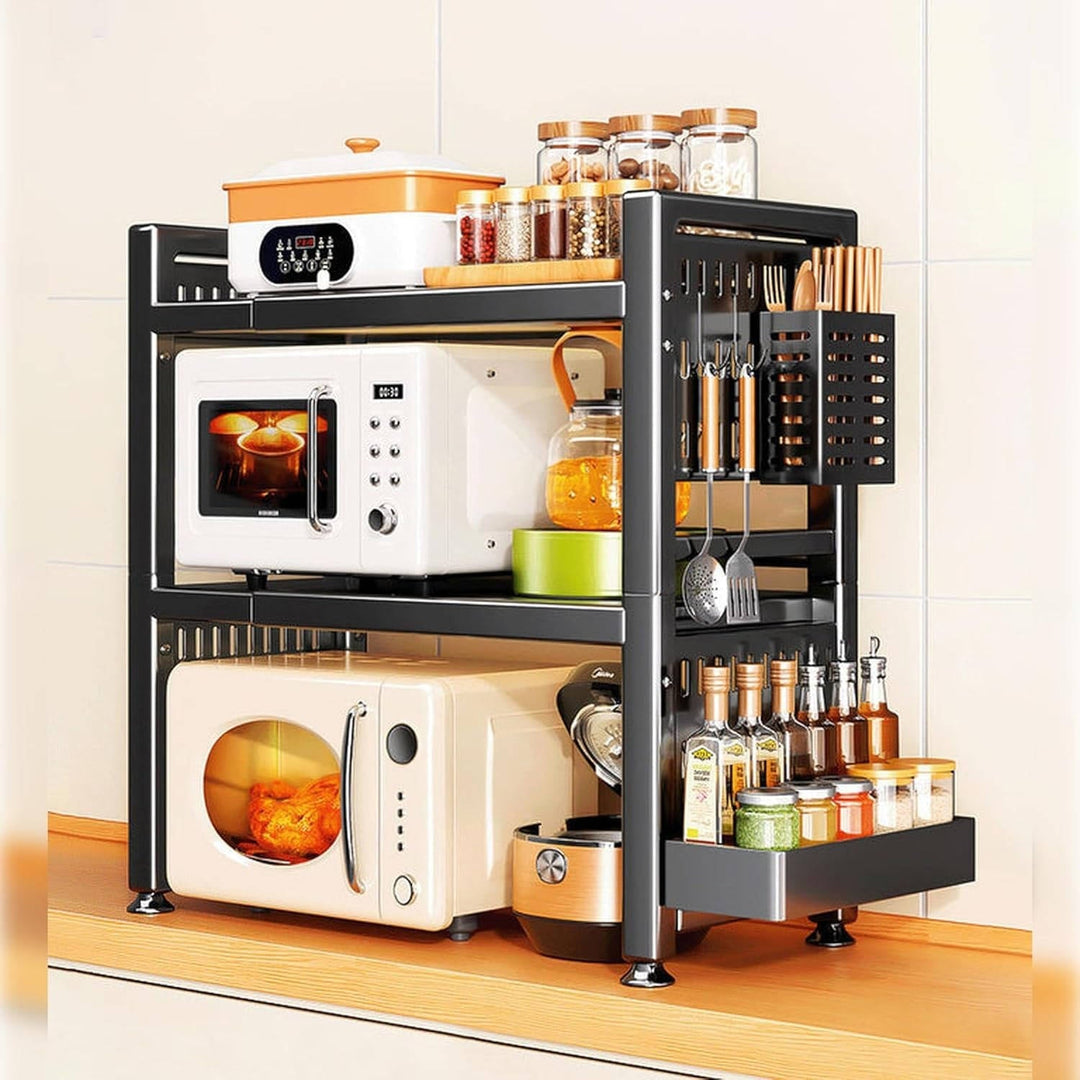 Expandable 3 Tier Microwave Stand for Countertop with 6 Utensil Hooks