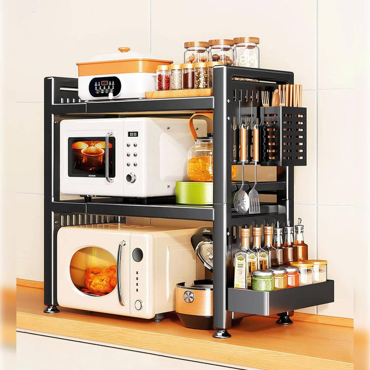 Expandable 3 Tier Microwave Stand for Countertop with 6 Utensil Hooks