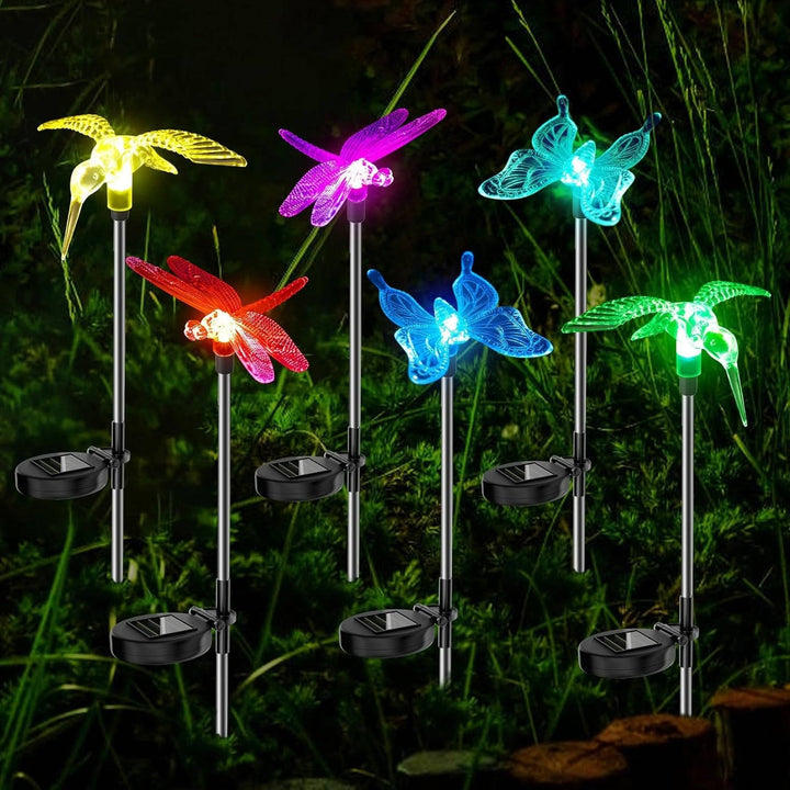 6 Pack Solar Stake Lights, Decorative LED Garden Figurines with Flowers, Butterfly, Hummingbird and Dragonfly for Yard, Patio and Pathway