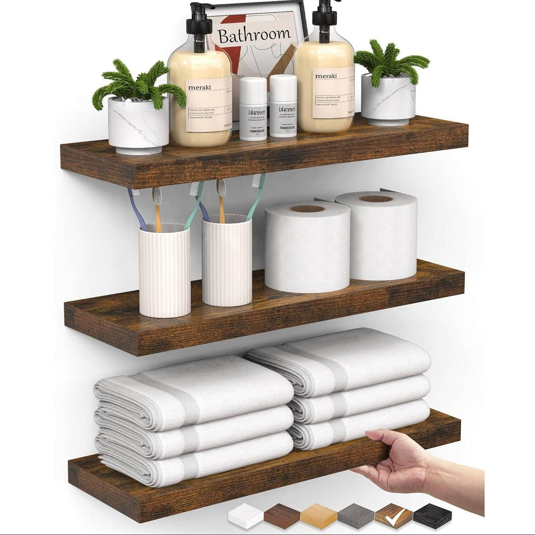 Floating Wall Shelves, Rustic Wood Hanging Storage for Bathroom or Bedroom, 3 Pack