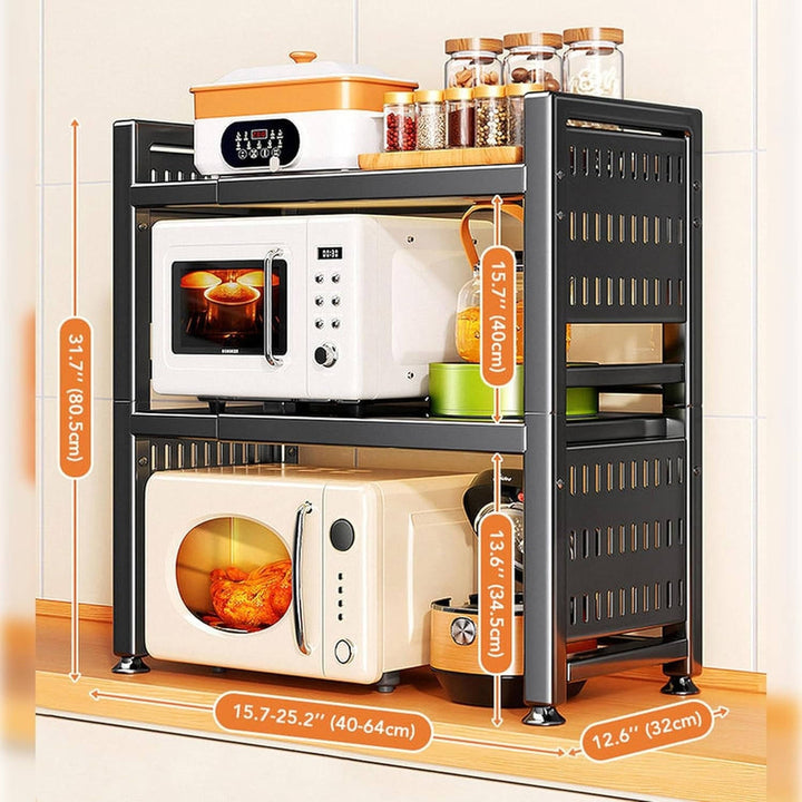 Expandable 3 Tier Microwave Stand for Countertop with 6 Utensil Hooks