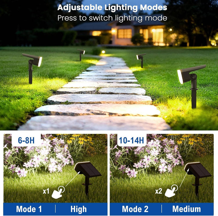 Solar Spot Lights Outdoor, 4 Pack IP65 Water-resistant Garden Spotlights with 2 Lighting Modes and Auto On and Off for Yard and Landscape