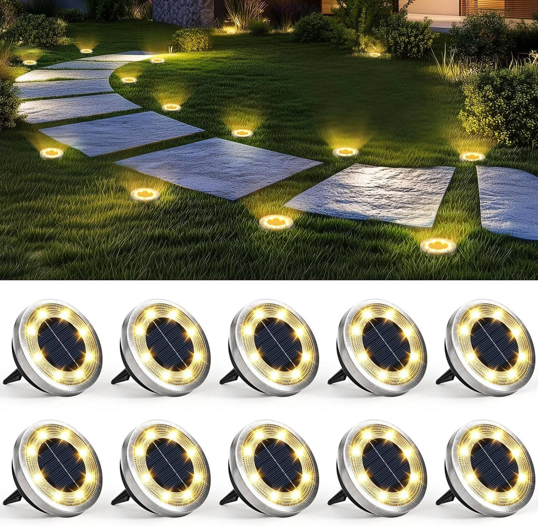 10 Pack Solar Ground Lights Outdoor Waterproof, Solar Powered Pathway Lights, Landscape Lighting for Garden Walkway Driveway Backyard