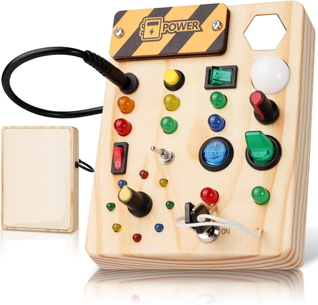 Busy Board Toy with LED Lights Wooden Activity Board for Toddlers Ages 3 and up