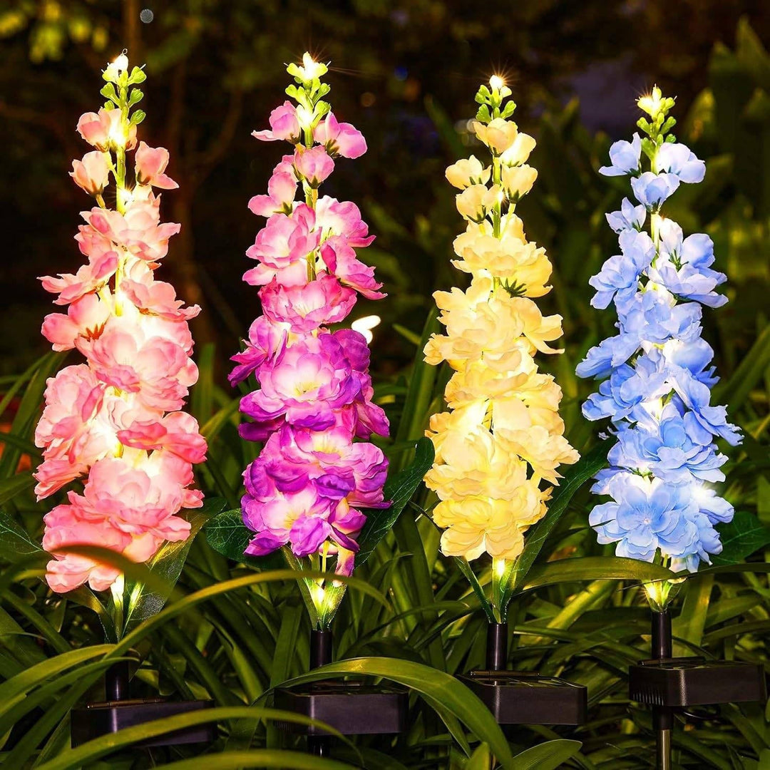4 Pack Upgraded Delphinium Solar Garden Lights, Waterproof 36 LED Outdoor Decorative Flower Lights for Landscapes, Yards, and Patios