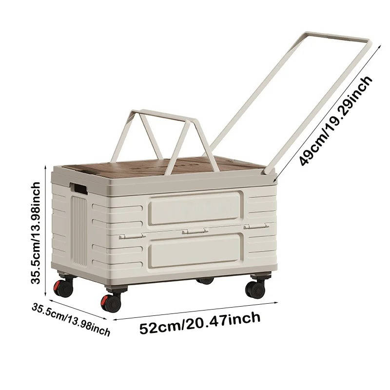 Portable Collapsible Outdoor Storage Box for Camping, Picnic and Garden, Foldable Rolling Cart with 360° Wheels and Wood Lid