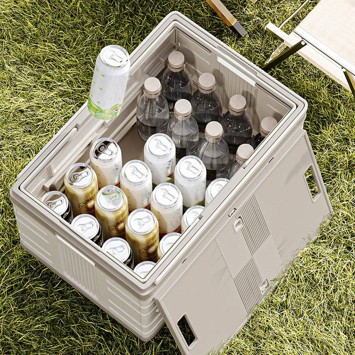 Portable Collapsible Outdoor Storage Box for Camping, Picnic and Garden, Foldable Rolling Cart with 360° Wheels and Wood Lid