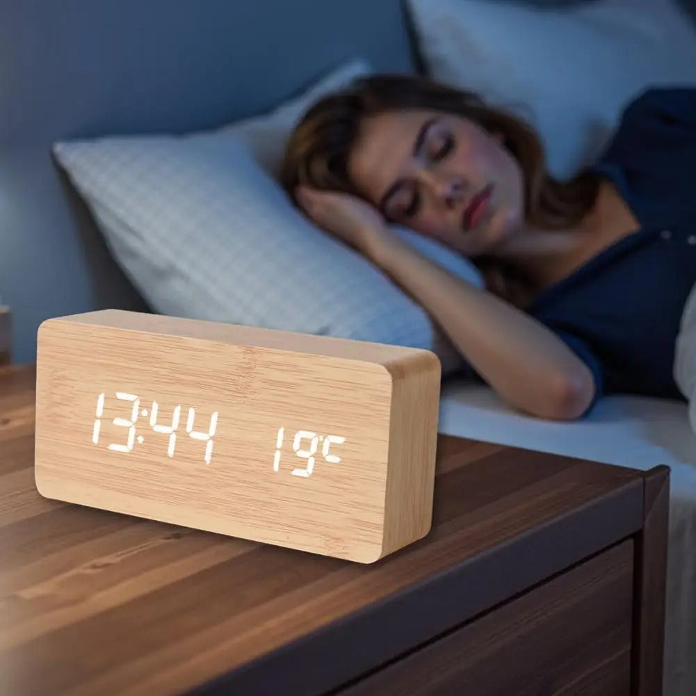 Wooden Digital Alarm Clock with Sound Control and Digital Display
