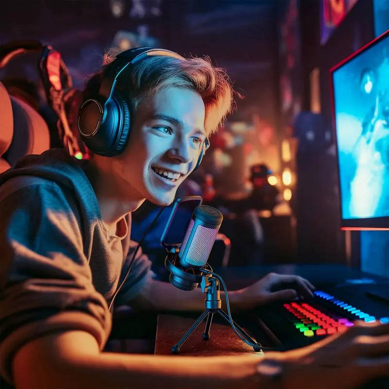 USB Gaming Microphone RGB for PC PS4 PS5, Streaming Podcast Mic with One Tap Mute Sound Control Mount Adapter