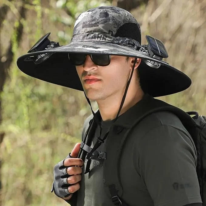 Outdoor Wide Brim Sun Hat with 2 Solar Fans, UV Protection for Men and Women, Cooling Hat for Camping and Hiking