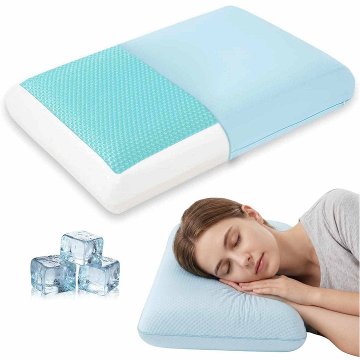 Medium Contoured Gel Memory Foam Cooling Pillow, Ergonomic Knitted Neck and Shoulder Support for Back, Stomach, and Side Sleepers