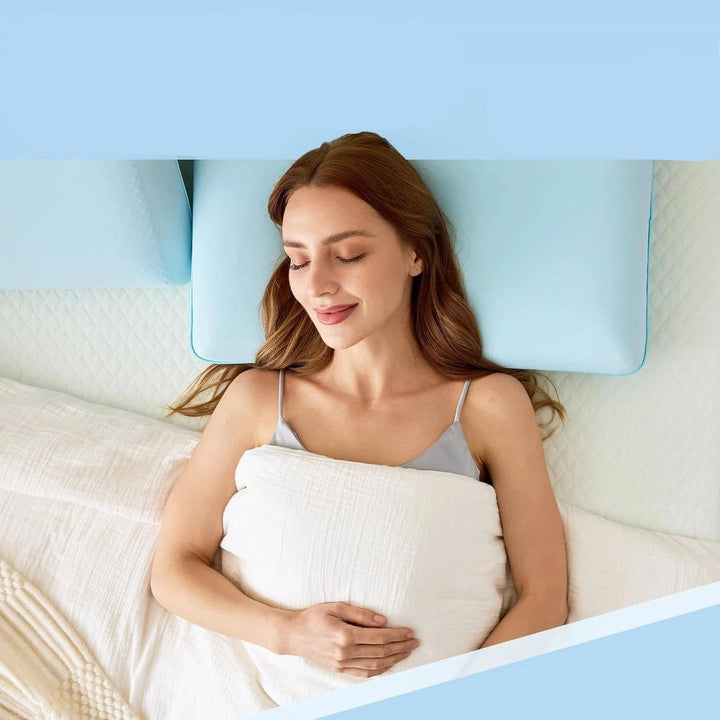 Medium Contoured Gel Memory Foam Cooling Pillow, Ergonomic Knitted Neck and Shoulder Support for Back, Stomach, and Side Sleepers