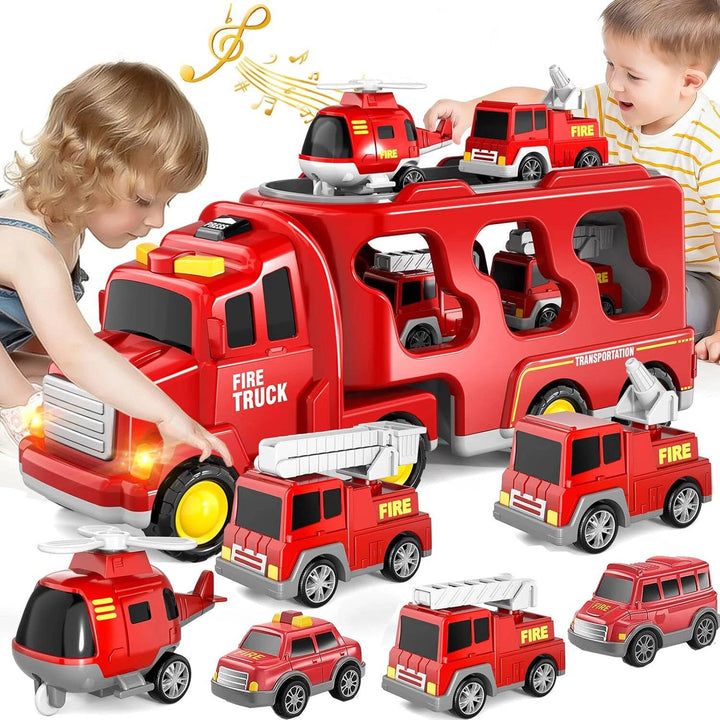 Fire Truck Carrier Toy Set with 5 Vehicles Lights and Sound Transport Truck with Helicopter Toddler Toys for Boys Girls