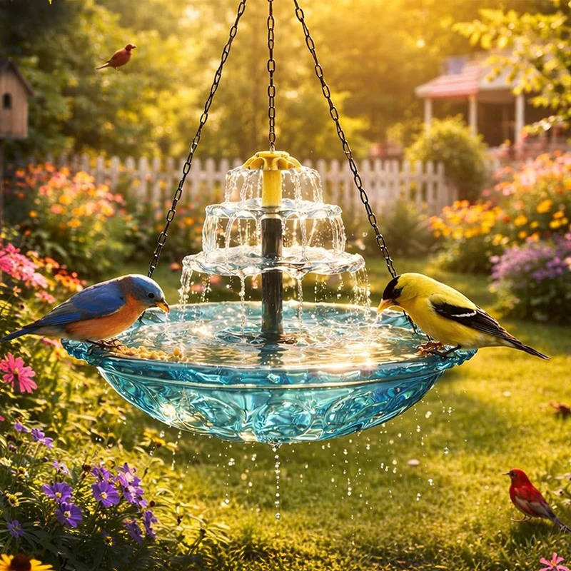 Solar Powered Hanging Bird Bath Fountain, Outdoor Garden Water Feature with Automatic Pump