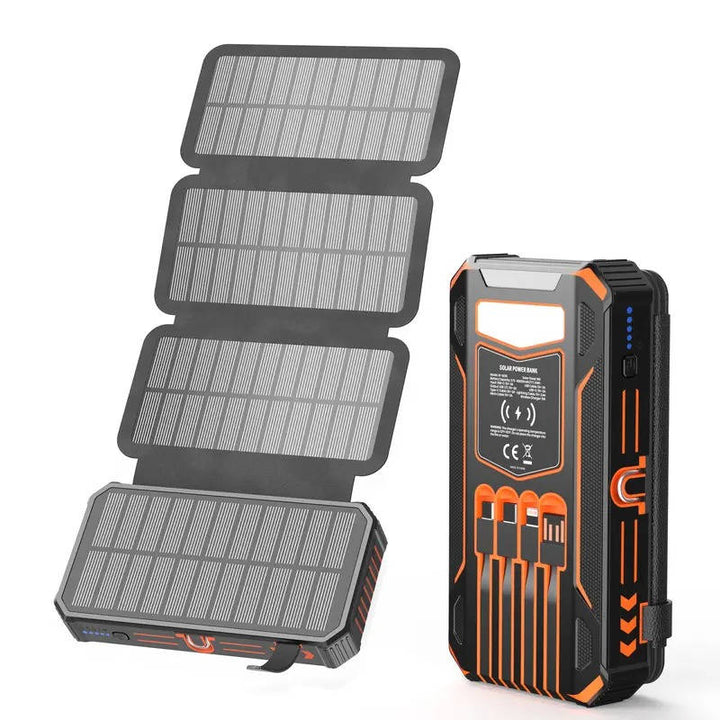 48000mAh Solar Power Bank Wireless Charger, 15W Fast Charging Battery Pack with 4 Built in Cables 7 Outputs USB C Flashlight