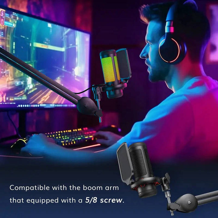 USB Gaming Microphone RGB for PC PS4 PS5, Streaming Podcast Mic with One Tap Mute Sound Control Mount Adapter