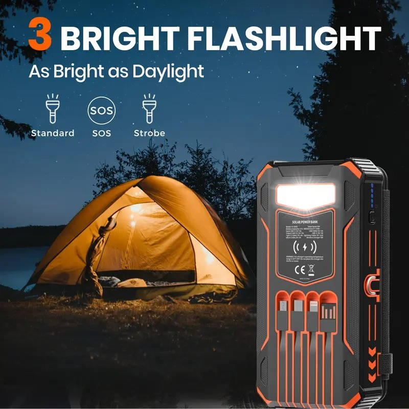 48000mAh Solar Power Bank Wireless Charger, 15W Fast Charging Battery Pack with 4 Built in Cables 7 Outputs USB C Flashlight