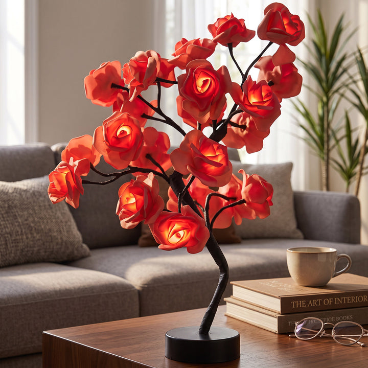 Rose Shaped Table Lamp with LED Warm Glow and Metal Stem, Four colour Options