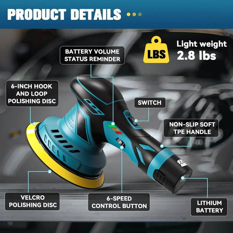 Portable Cordless Car Polisher Kit, 6 Variable Speeds, 9mm Orbit, 6 Inch Dual Action