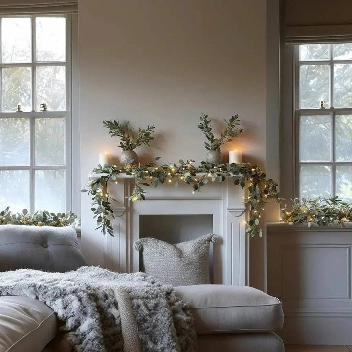 Enchanted Olive Glow Garland, Eucalyptus Fairy Light Mantel Decoration for Fireplace and Holiday Decor