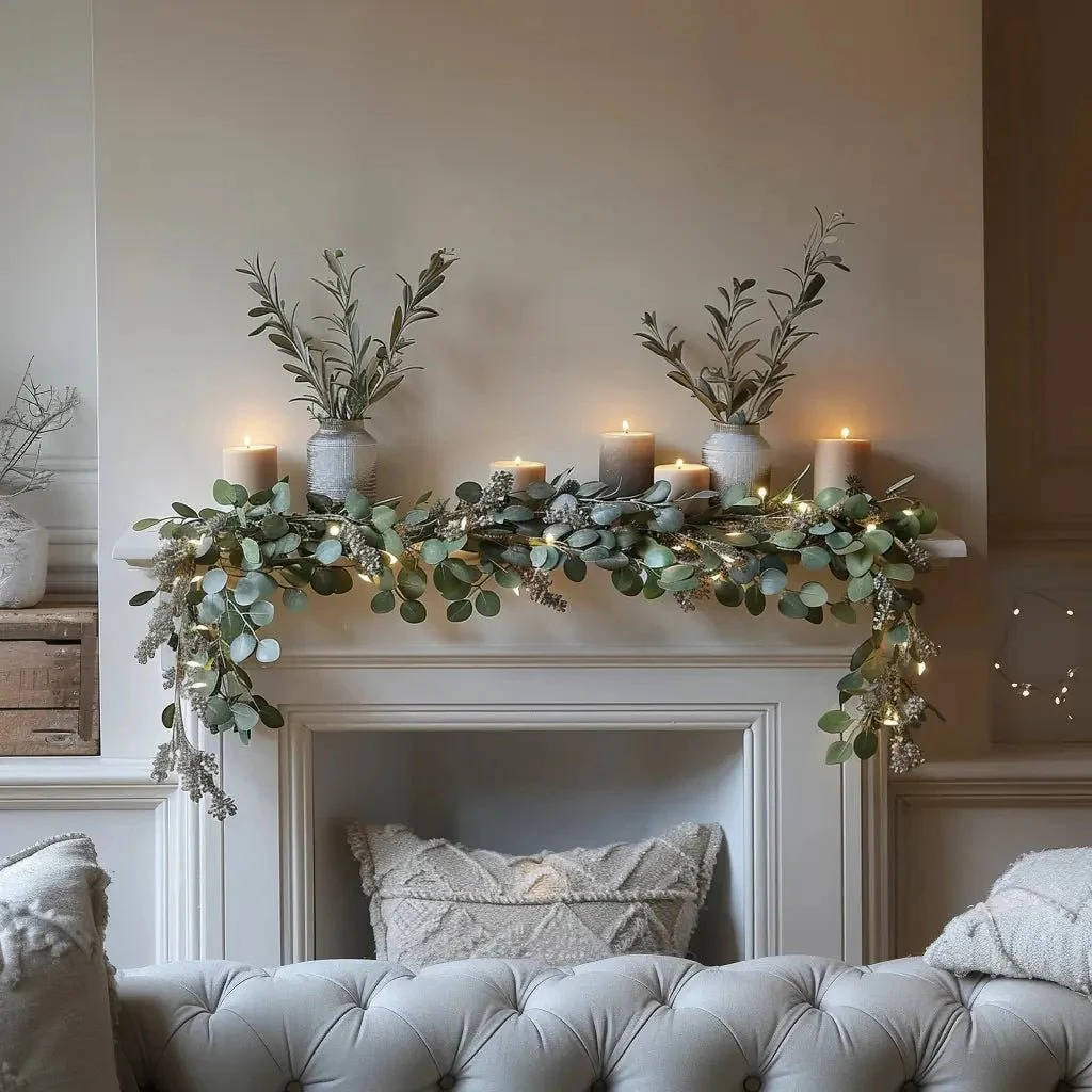 Enchanted Olive Glow Garland, Eucalyptus Fairy Light Mantel Decoration for Fireplace and Holiday Decor