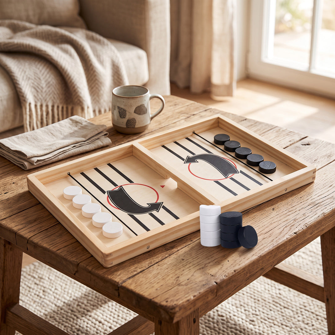 Wooden Puck Game with Center Gate and 10 Wooden Pieces for Two Players